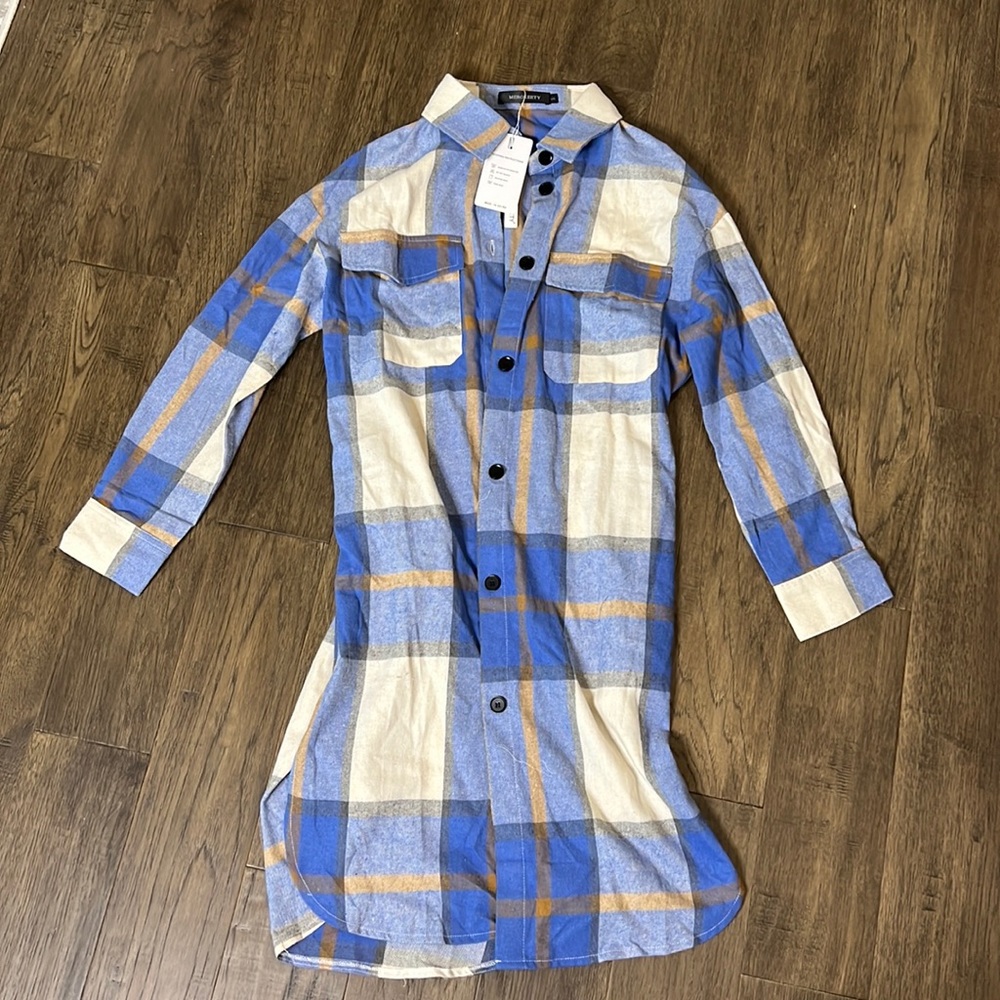 Midi length plaid button up shirt